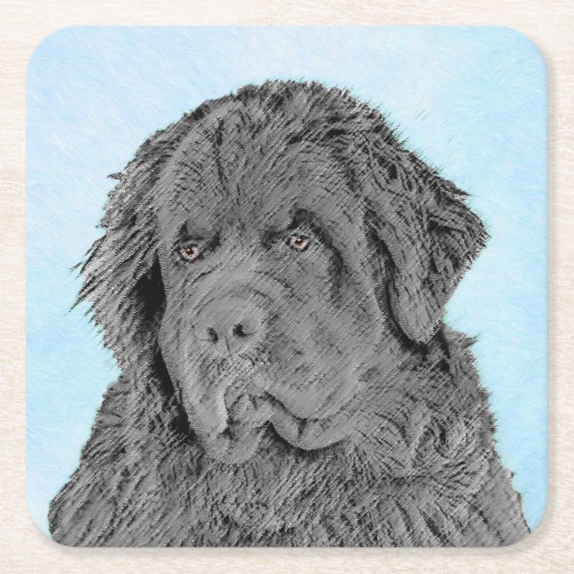 Newfoundland Painting - Cute Original Dog Art Square Paper Coaster (Front)