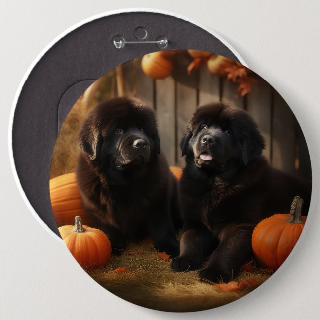 Newfoundland Puppy Autumn Delight Pumpkin 6 Cm Round Badge (Front & Back)