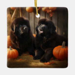 Newfoundland Puppy Autumn Delight Pumpkin Ceramic Ornament