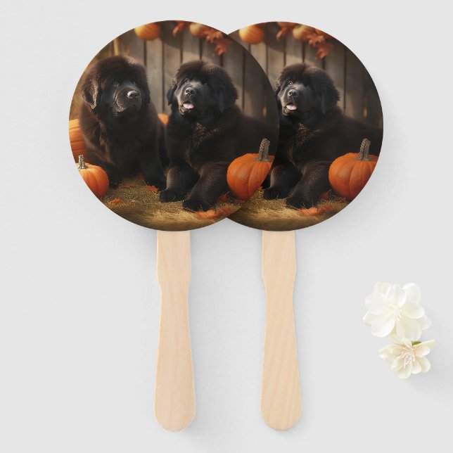 Newfoundland Puppy Autumn Delight Pumpkin Hand Fan (Front and Back)