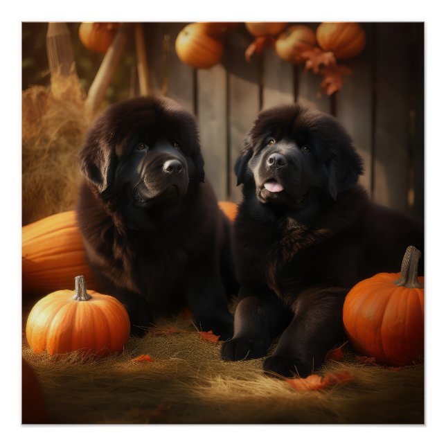 Newfoundland Puppy Autumn Delight Pumpkin Poster (Front)