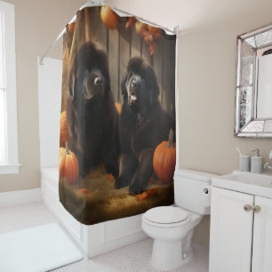 Newfoundland Puppy Autumn Delight Pumpkin Shower Curtain