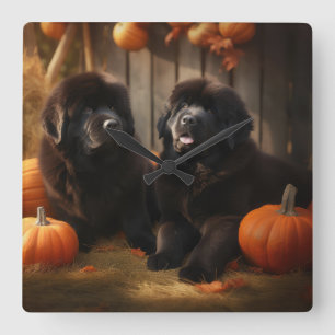 Newfoundland Puppy Autumn Delight Pumpkin Square Wall Clock
