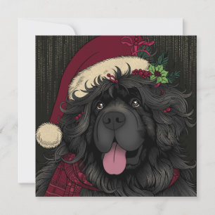 Newfoundland Puppy Dog Santa Hat Holiday Card