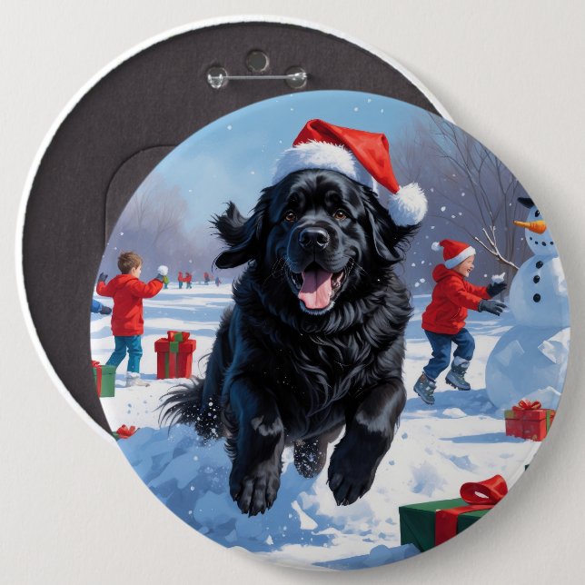 Newfoundland Running in Snow with Christmas Hat 6 Cm Round Badge (Front & Back)