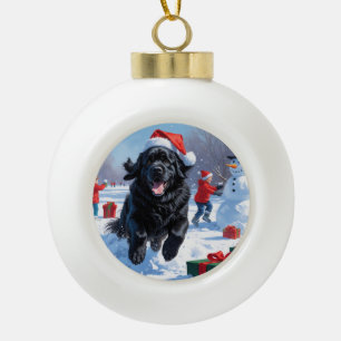 Newfoundland Running in Snow with Christmas Hat Ceramic Ball Christmas Ornament