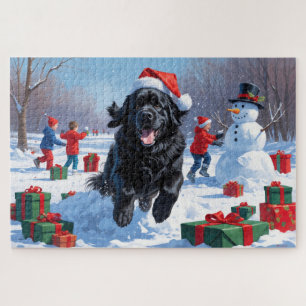 Newfoundland Running in Snow with Christmas Hat Jigsaw Puzzle