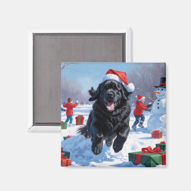 Newfoundland Running in Snow with Christmas Hat Magnet (Front/Back)