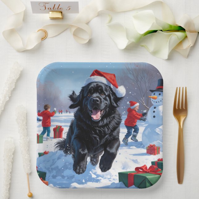 Newfoundland Running in Snow with Christmas Hat Paper Plate (Wedding)