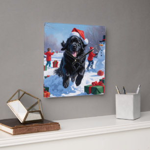 Newfoundland Running in Snow with Christmas Hat Square Wall Clock