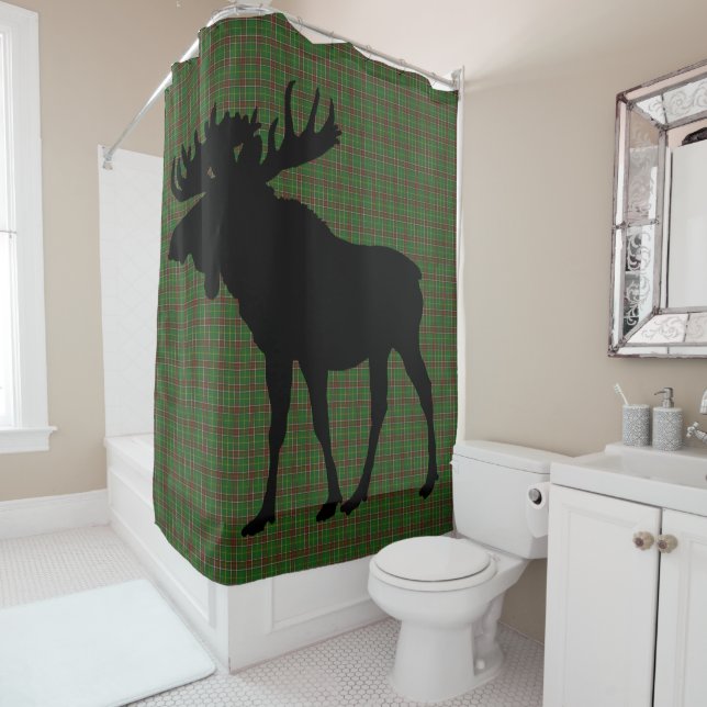 Newfoundland Tartan shower curtain moose (In Situ)