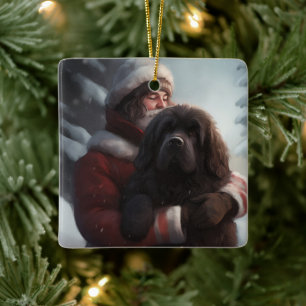 Newfoundland With Santa Claus Festive Christmas  Ceramic Ornament