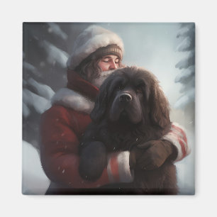 Newfoundland With Santa Claus Festive Christmas  Magnet