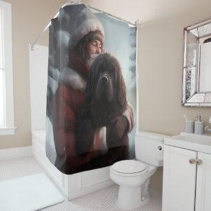 Newfoundland With Santa Claus Festive Christmas Shower Curtain