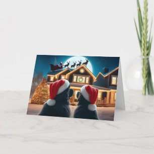 Newfs Watching Santa on Roof Christmas Card