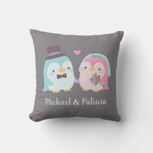 Newly Wed Penguin Groom and Bride Love Birds Cushion