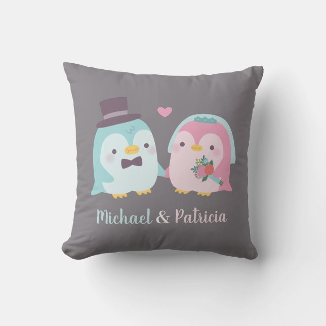 Newly Wed Penguin Groom and Bride Love Birds Cushion (Front)
