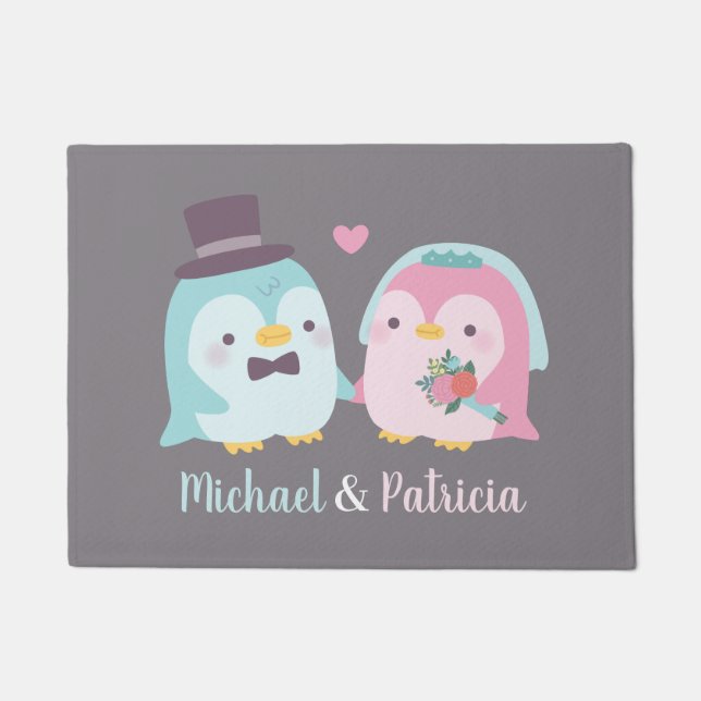 Newly Weds Cute Penguin Groom and Bride Doormat (Front)