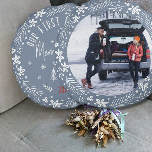 Newly Weds "First Christmas Married" Quote  Round Cushion