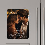 Newly Weds First Christmas Merry & Married Photo Magnet<br><div class="desc">Elegant and romantic swirly calligraphy lettering with a photo. For more advanced customisation of this design,  please click the BLUE DESIGN TOOL BUTTON above!</div>