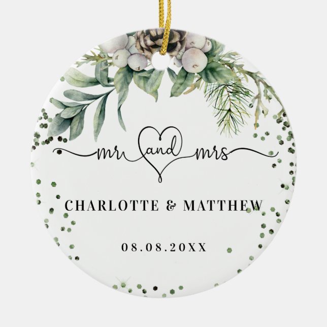 Newly weds  names mr mrs christmas ceramic ornament (Front)