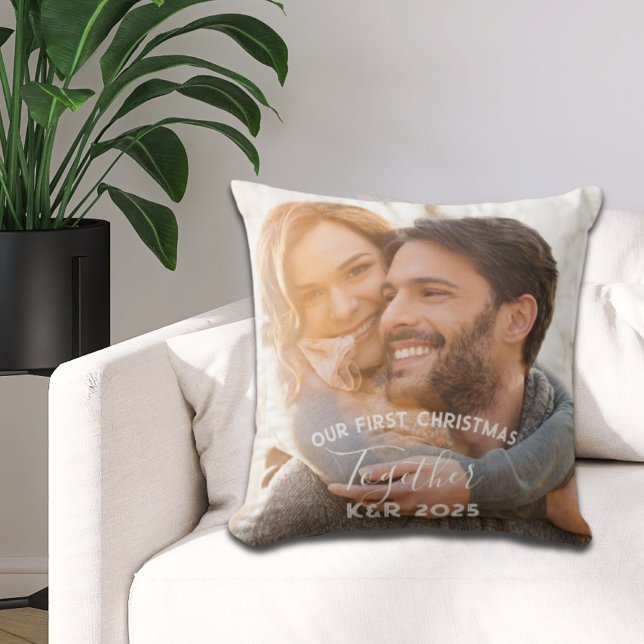 Newly Weds Our First Christmas Together Photo Cushion (Newly Weds Our First Christmas Together Photo Throw Pillow)