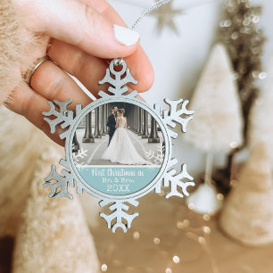 Newlywed 1st Christmas Photo Light Blue Snowflake Pewter Christmas Ornament