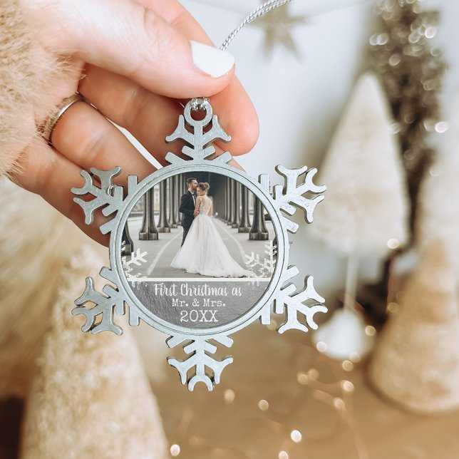 Newlywed 1st Christmas Photo Silver Paint Snowflake Pewter Christmas Ornament (Rustic snowflake newlywed holiday keepsake photo ornament perfect for gifts to bring joy to others.)