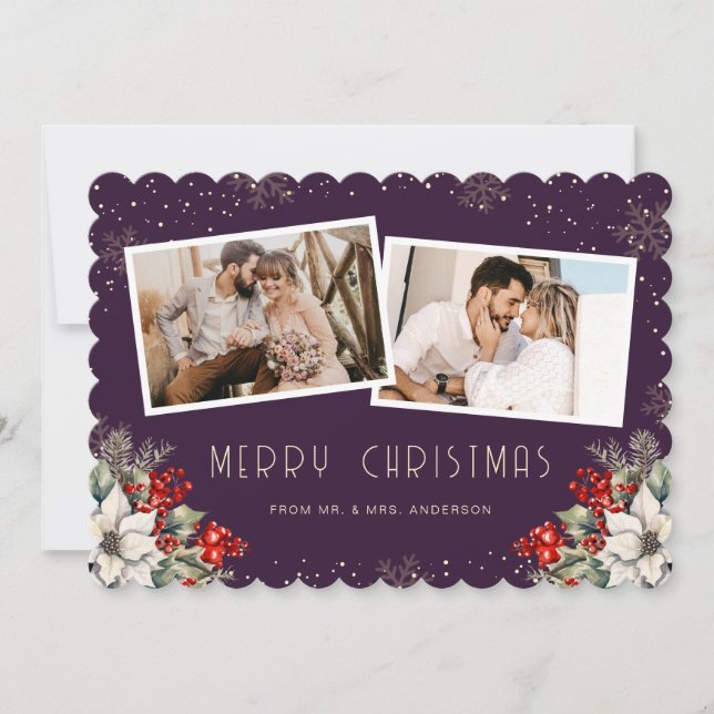 Newlywed 2 Photo Botanical Purple Merry Christmas Holiday Card (Front)