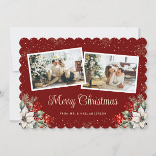Newlywed 2 Photo Botanical Red Merry Christmas Holiday Card