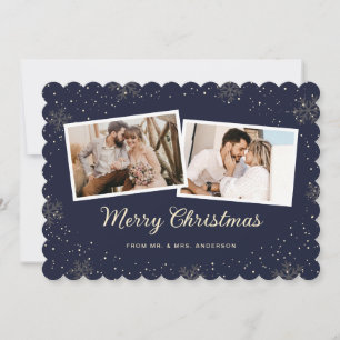 Newlywed 2 Photo Snowflake Blue Merry Christmas Holiday Card
