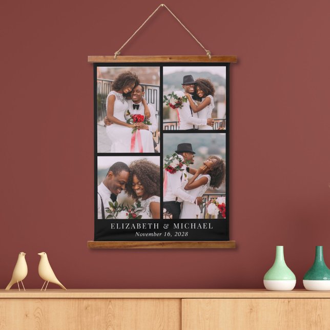 Newlywed 4 Photo Collage Black Hanging Tapestry (Creator Uploaded)