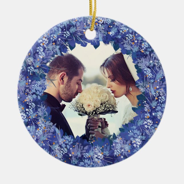 Newlywed Blue Wreath Keepsake Ceramic Ornament (Front)