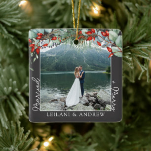 Newlywed Christmas Photo and Watercolor Holly Grey Ceramic Ornament
