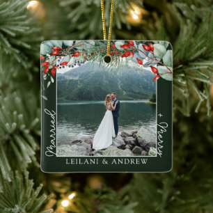 Newlywed Christmas Photo Watercolor Holly Green Ceramic Ornament
