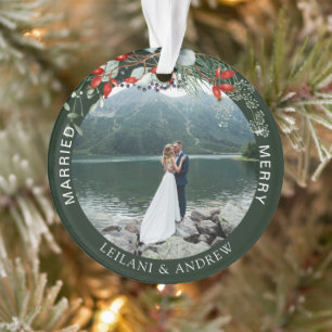Newlywed Christmas Photo Watercolor Holly Green Ornament