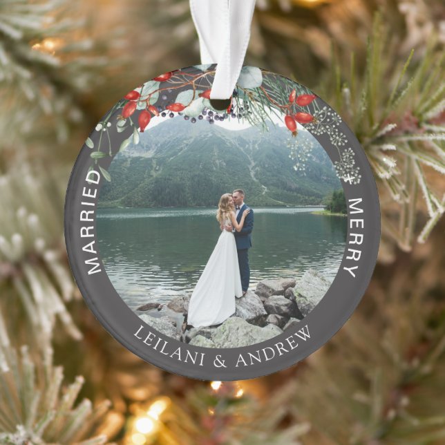 Newlywed Christmas Photo Watercolor Holly Grey Ornament (Tree)