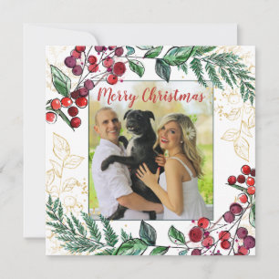 Newlywed Couple With Dog Photo Floral Christmas
