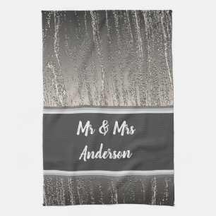 Newlywed Couples Names Elegant Silver Stripes Tea Towel