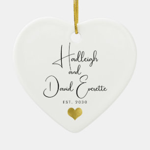 Newlywed Date Established Script Gold Heart Ceramic Ornament