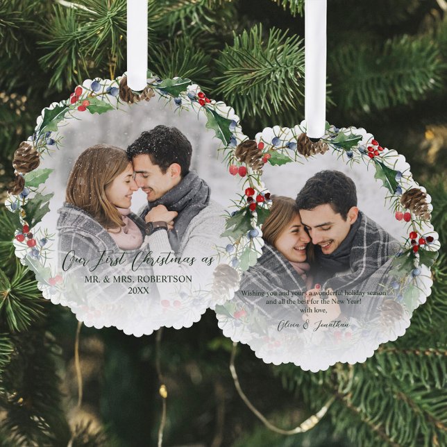 Newlywed First Christmas Botanical 2 Photo Tree Decoration Card (Creator Uploaded)