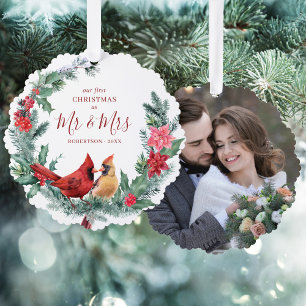 Newlywed First Christmas Cardinals Wreath Photo Tree Decoration Card