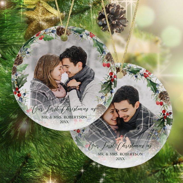 Newlywed First Christmas Photo Wreath Ceramic Ornament (Creator Uploaded)