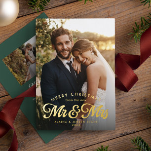 Newlywed first married Christmas green two photo Foil Holiday Card