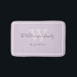 Newlywed Gift Elegant Family Monogram Script Chic  Bath Mat<br><div class="desc">Newlywed Gift Elegant Family Monogram Script Rustic Chic Bath Mat. Personalised white, grey monogram design with newlywed bride and groom's last name and date established on a soft lilac mauve background. A unique gift for newlyweds. Lovely for their new life together. Also a beautiful housewarming gift. Click Personalise this template...</div>