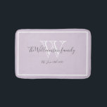 Newlywed Gift Elegant Family Monogram Script Chic  Bath Mat<br><div class="desc">Newlywed Gift Elegant Family Monogram Script Rustic Chic Bath Mat. Personalised white, grey monogram design with newlywed bride and groom's last name and date established on a soft lilac mauve background. A unique gift for newlyweds. Lovely for their new life together. Also a beautiful housewarming gift. Click Personalise this template...</div>