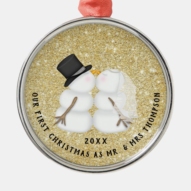 Newlywed Gold Snow Couple First Christmas Metal Ornament (Front)