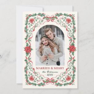 Newlywed Greenery Foliage Bow Photo Christmas Holiday Card