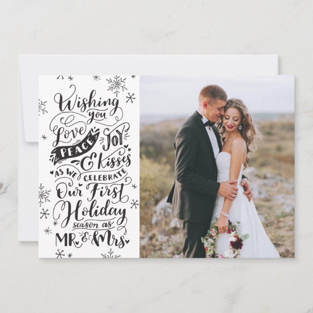 Newlywed Holiday Hand-Drawn | Black White | Photo Card (Front)