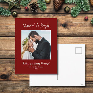 Newlywed Married and Bright Photo Red Christmas Holiday Postcard